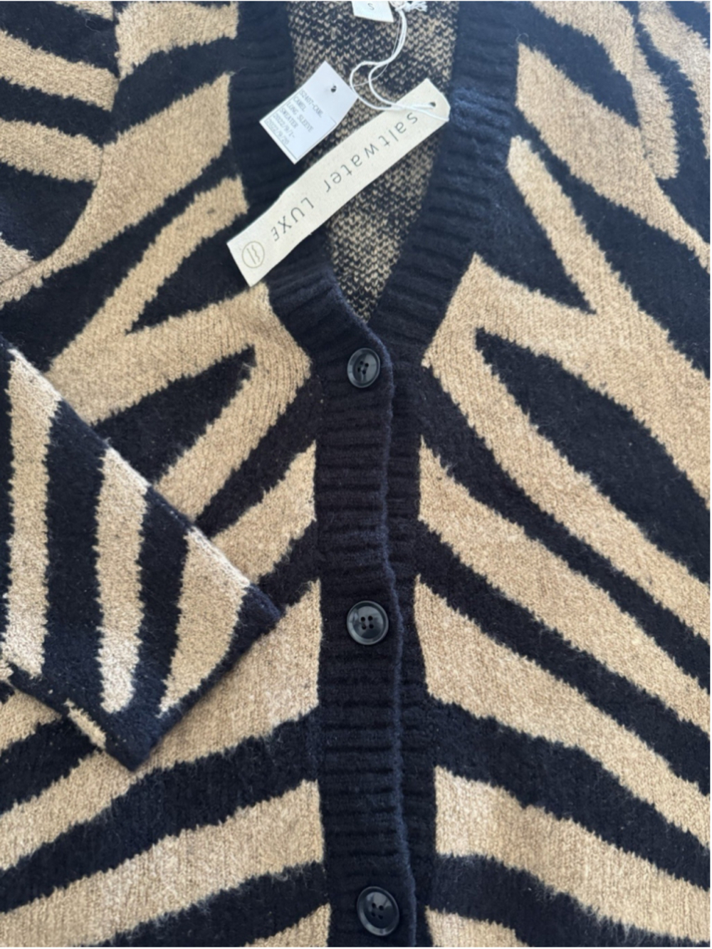 Saltwater Luxe Zebra Print Cardigan Sweater Small Camel Black Rare NWT - Picture 10 of 12